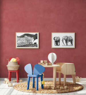 Kids playroom with wooden toys and furniture